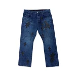 Black Cross Leather Patch Flame Knee Jeans