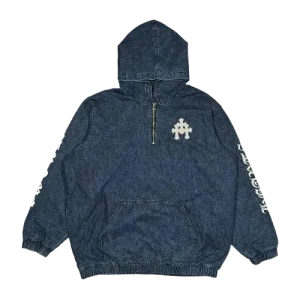 Chrome Hearts Triple White Denim Hoodie Cross Patch Half Zip