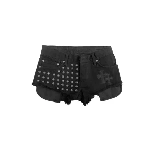 Chrome Hearts Studded Leather Cross Patch Denim Shorts